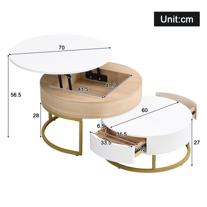 Table d'ensemble dorée, combinaison de tables basses relevables, table d'appoint avec deux tiroirs. Ensemble de 2 p