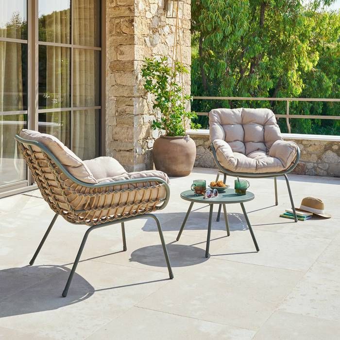Salon de jardin 2 places acier traité époxy PAOPAO beige et vert laurier - Hespéride