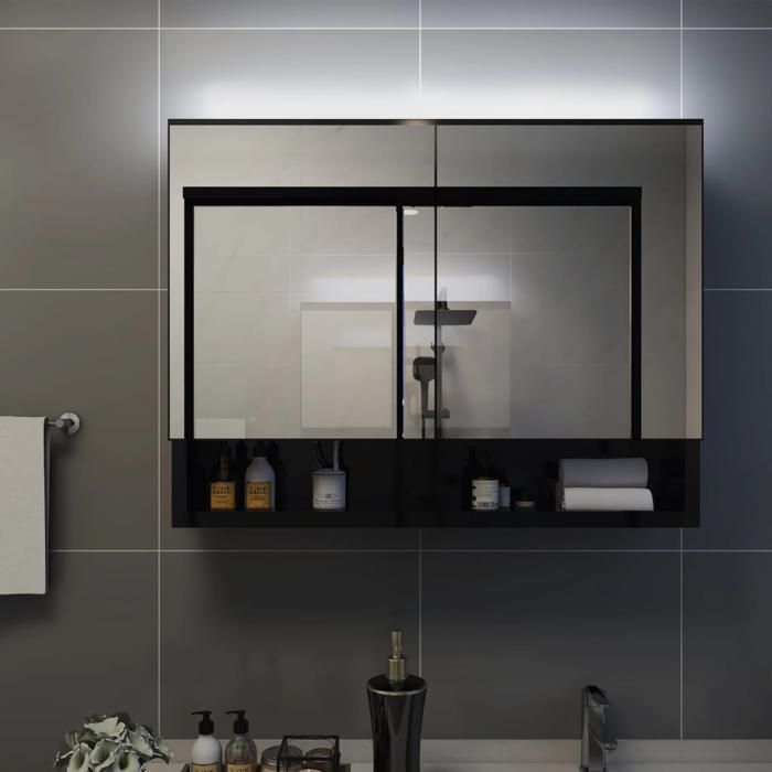 HOT SALE*Armoire à miroir de salle de bain CLARENCE 60 kg capacité Placard Mural LED Noir 80x15x60 cm MDF - M805280