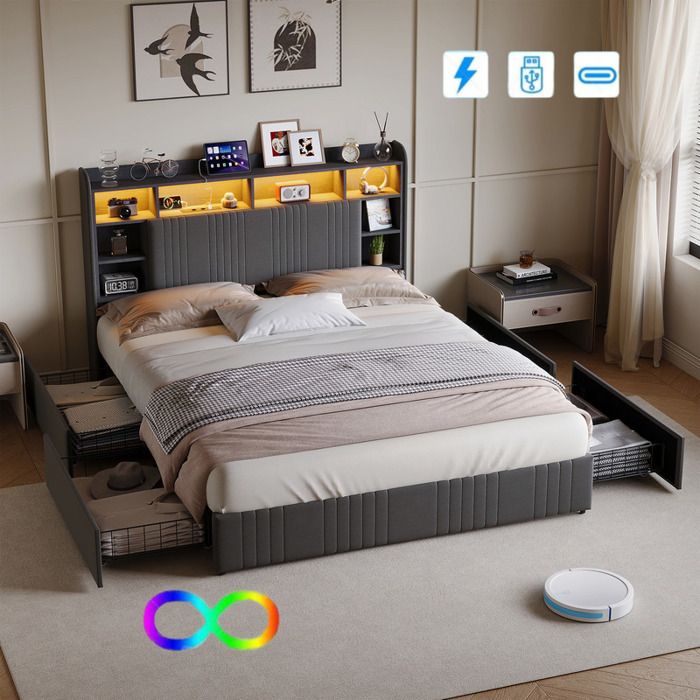 ADWOLT cadre de lit 140x200 cm 4 tiroirs LED intégrée USB et Type-C rangement de chevet Tissu en lin Gris