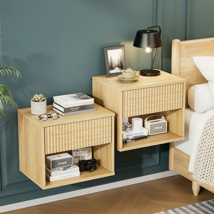 Lot de 2 Tables de Chevet Murales ALIGHTUP - Suspension avec Tiroir et Compartiment Ouvert - 40x30x33 cm Chêne