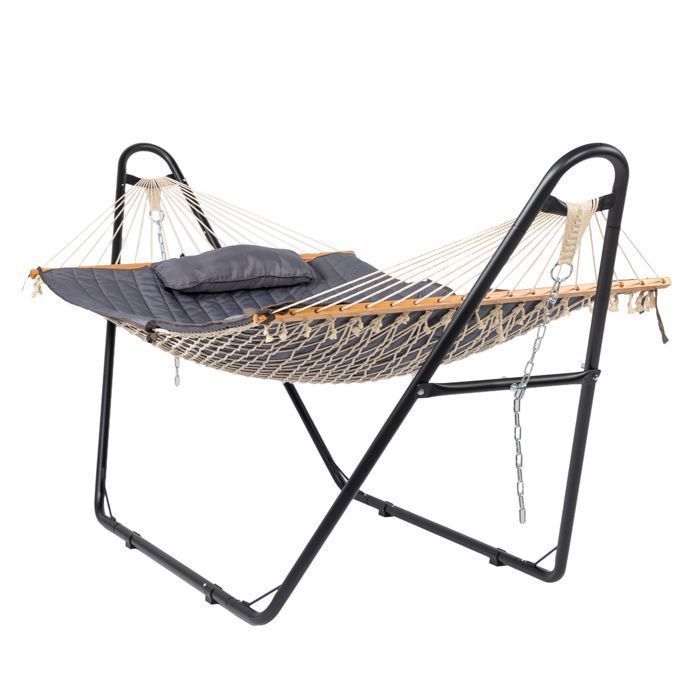Ensemble Hamac avec Support à Double Tige – Hamac Double Extérieur Structure Renforcée Capacité 200kg Gris 315 x 104 x 128 cm