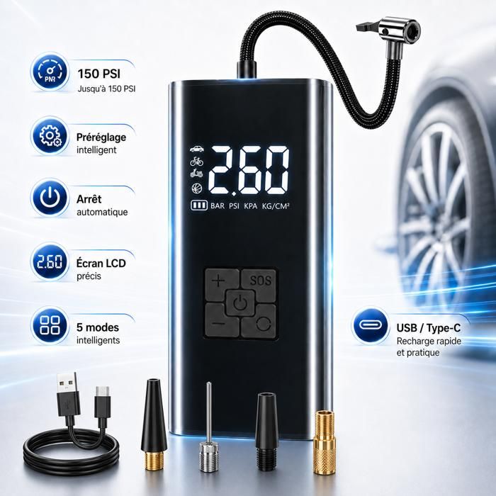 Gonfleur Pneu Voiture Portable - 4500mAh - Gonfleur Électrique Sans Fil 150 Psi avec Écran LCD Arrêt Automatique LED Voiture Vélo