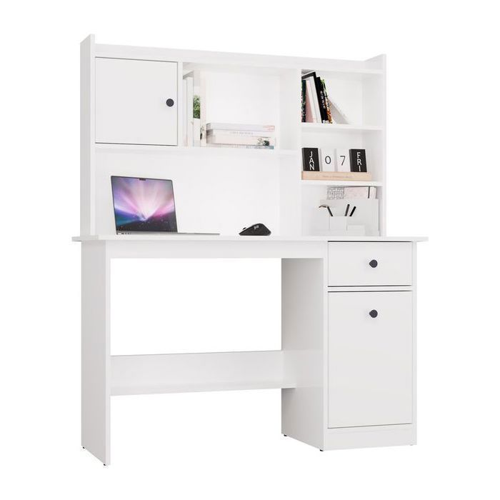 Bureau CHESTER avec rehausse blanc 1 tiroir meuble de rangement étagère pour chambre