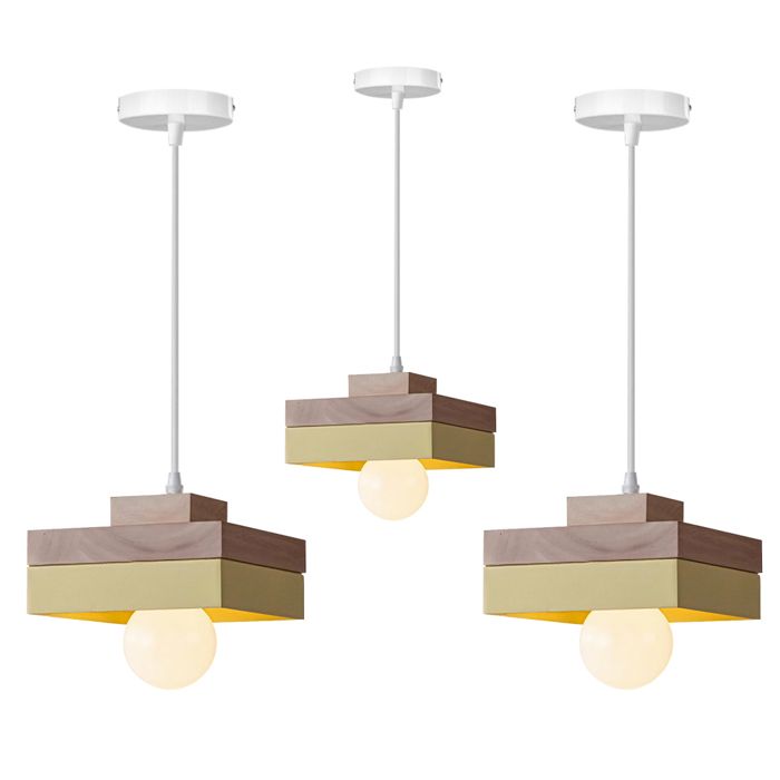 iDEGU 3x Moderne Suspension Luminaire Industriel Lustre Rglable Vintage Abat-jour en Bois Design Carre Jaune 18cm Plafonnier Retro