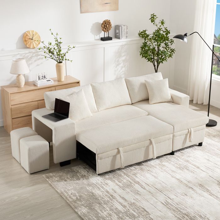 Canapé d’angle convertible en velours côtelé beige avec rangement et USB