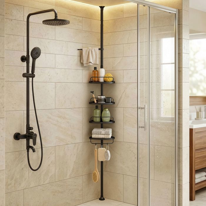 Étagère de Douche Réglable avec Barre Porte-serviettes 4 Niveaux Hauteur 85-305 cm Rangement de Salle de Bain Noir