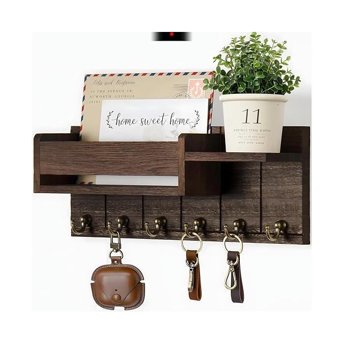 Porte Clef Mural Bois Support Mural pour Clés Organiseur de Courrier à Plusieurs Couchesavec 6 Crochets Organisateur  PORTE-MANTEAU