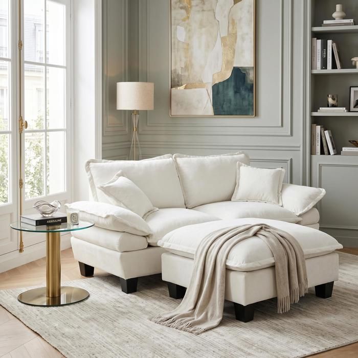 FurnitureR Canapé Cloud modulable 3 places en chenille ottoman amovible coussins moelleux beige 194 cm