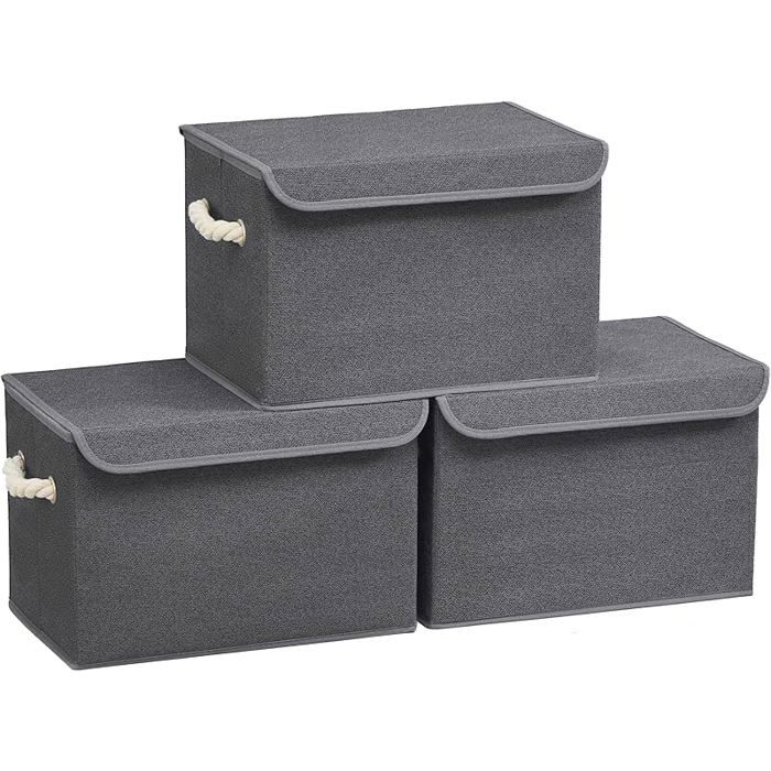 Boîte de Rangement avec CouvercleLot de 3PliablePanier en TissuBac de Rangementavec Poignéespour Gris Ardoise