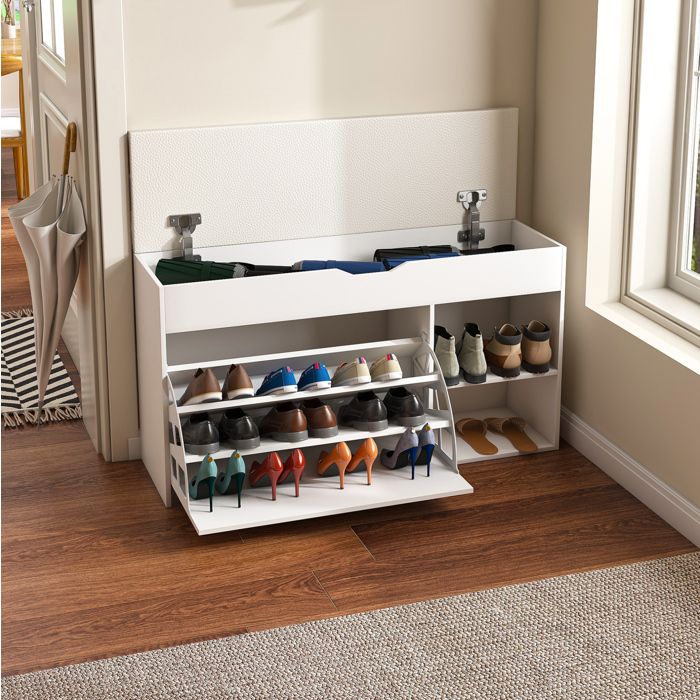 Banc à chaussures blanc 100 x 30 x 52 cm en MDF avec coussin coffre sous abattant et rangement 3 niveaux