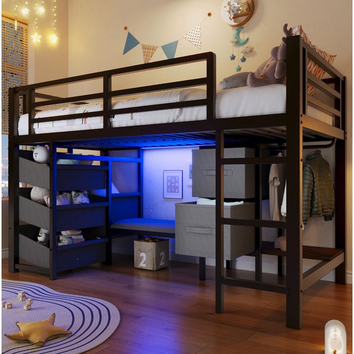 Lit mi-hauteur 90 x 200 cm en métal noir avec LED multicolore coussin dassise et rangements en tissu