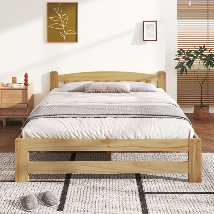 Modenuit lit double 140x200 cm en pin massif avec tête de lit et sommier à 15 lattes coloris naturel