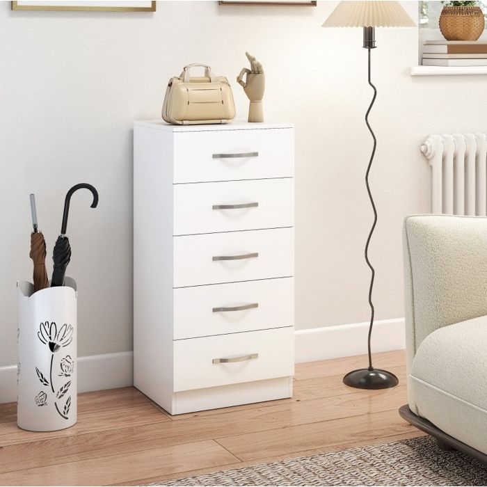 Commode blanche etroite 5 tiroirs 40 x 35 x 85 cm en panneaux de particules avec poignees argentees