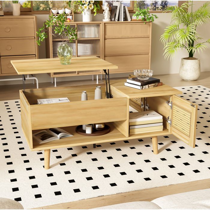 VEVXYN table basse relevable rangement 103 cm bois et noir avec porte effet rotin plateau relevable table salon
