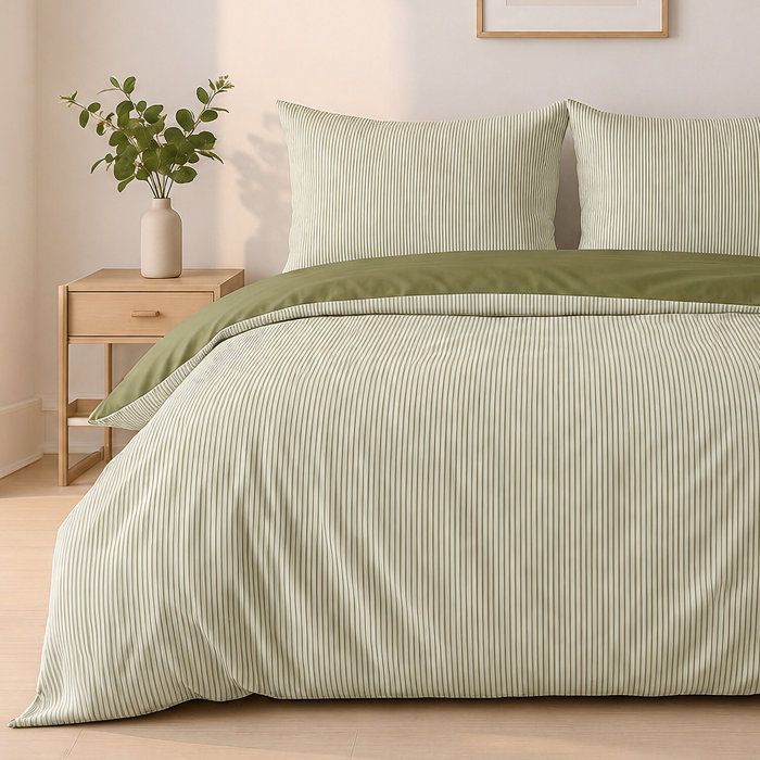 Parure de lit MILLERAY 260x240 cm + 2 taies 63x63 – Mini-seersucker rayé vert olive Parure de lit MILLERAY 260x240 cm + 2 taies 63x63 – Mini-seersucker rayé vert olive