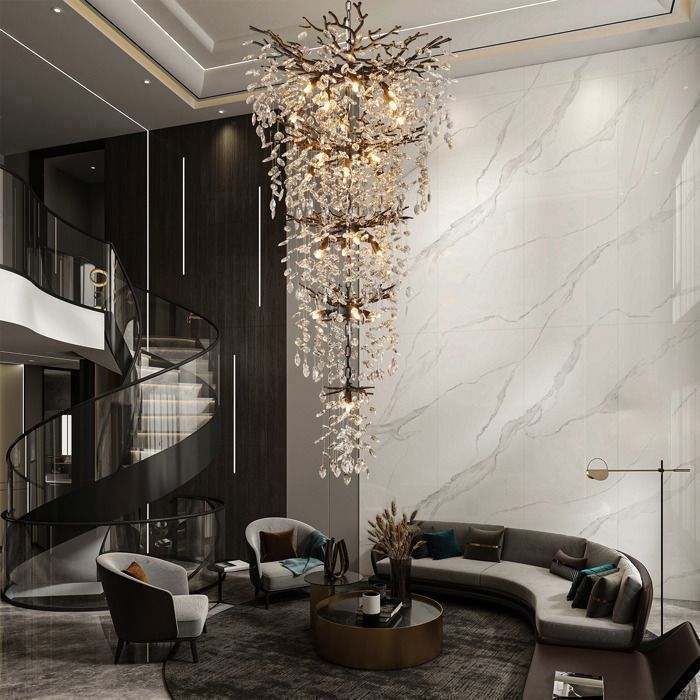 Lustre cristal K9 100% – 28 feux G9 – monture aluminium noir – H.160 cm – escalier / hall / grand séjour