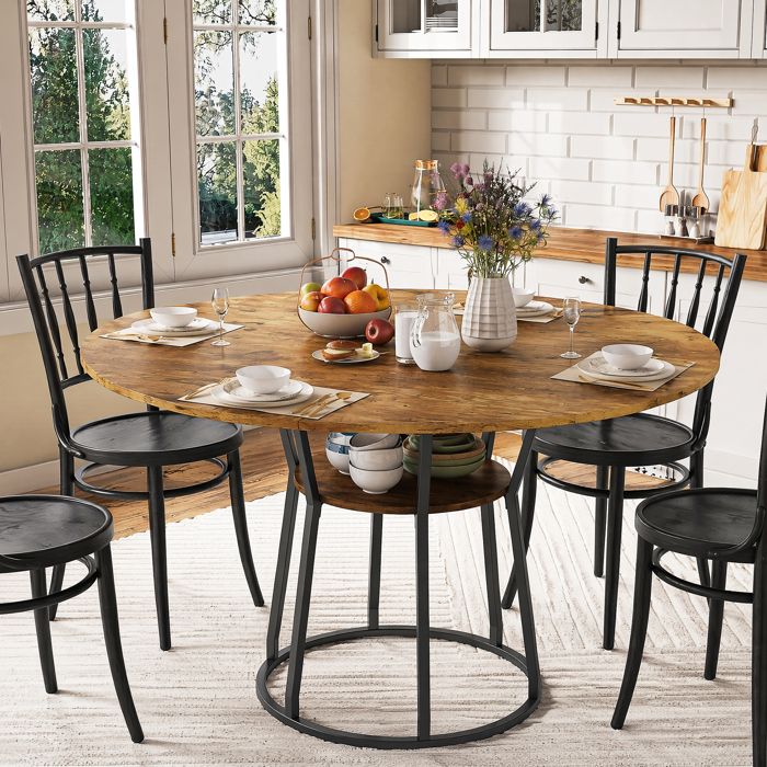 Table à manger ronde - URBANLUXE - Style industriel - Ø120 cm - 6 personnes - Étagère métallique