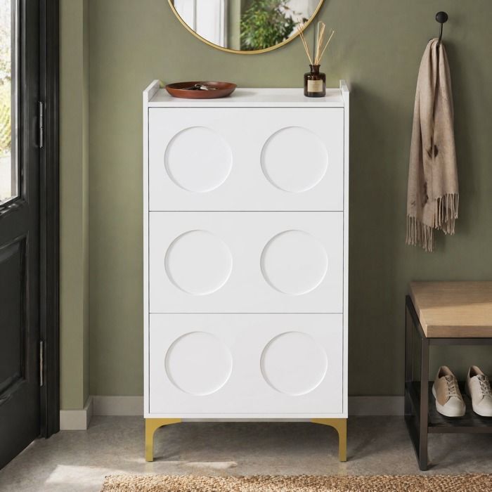 MEULVA Meuble à chaussures 3 niveaux blanc en MDF design vertical pieds métalliques dorés gain de place