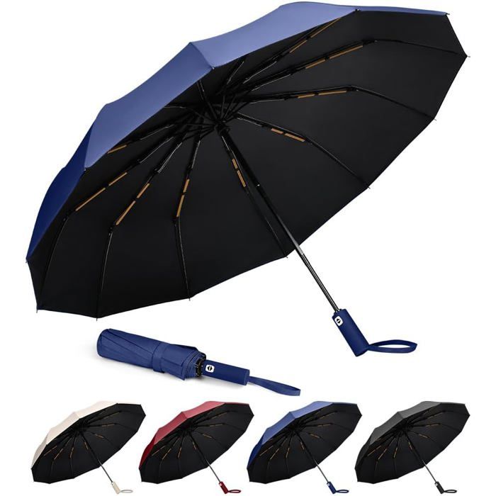 Parapluie pliable automatique bleu - 12 nervures - Protection UPF 50+ - Bloque 99 % des rayons UV - Coupe-vent