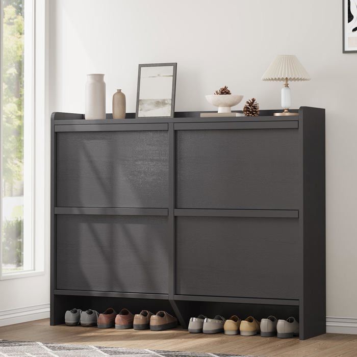 Meuble à chaussures gain de place – Armoire en bois moderne – 4 abattants – Étagères réglables – Rangement chaussures caché Noir