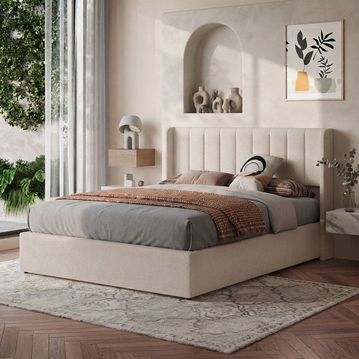 Lit hydraulique 140x190 cmAnajqaqialit double Tête de lit et sommierlit coffrecadre de litlit rembourréen lincouleur beige