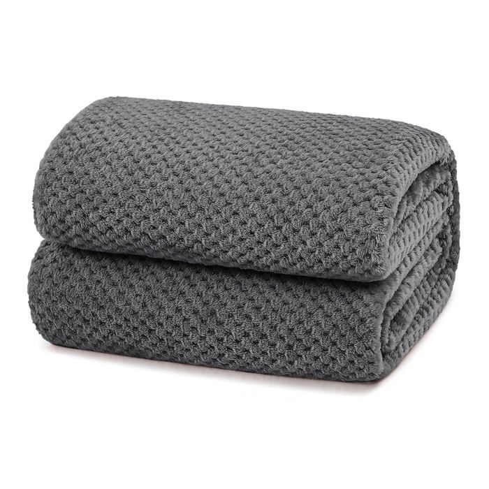 Plaid canapé en microfibre - couverture polaire gris foncé motifs jacquard lavable en machine multi-usages