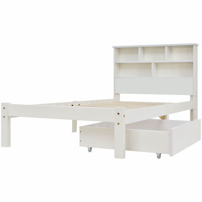 Lit simple 90x200 cm en bois massif coloris blanc sans matelas sommier à lattes inclus avec tiroirs étagères de rangement