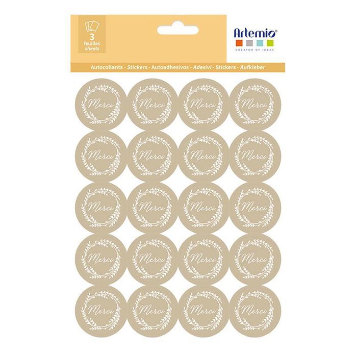 Stickers kraft Merci ARTEMIO - Lot de 60 autocollants ronds Ø 3,5 cm