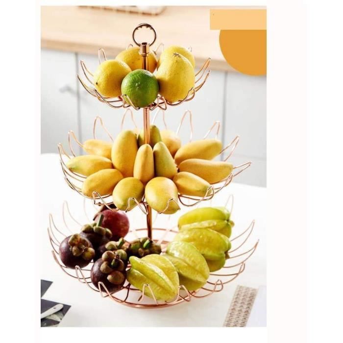 VINATO Corbeille à Fruits 3 Étages En Métal Noir - Panier Fruits Et Légumes Avec Poignées Bois Et Crochets Bananes