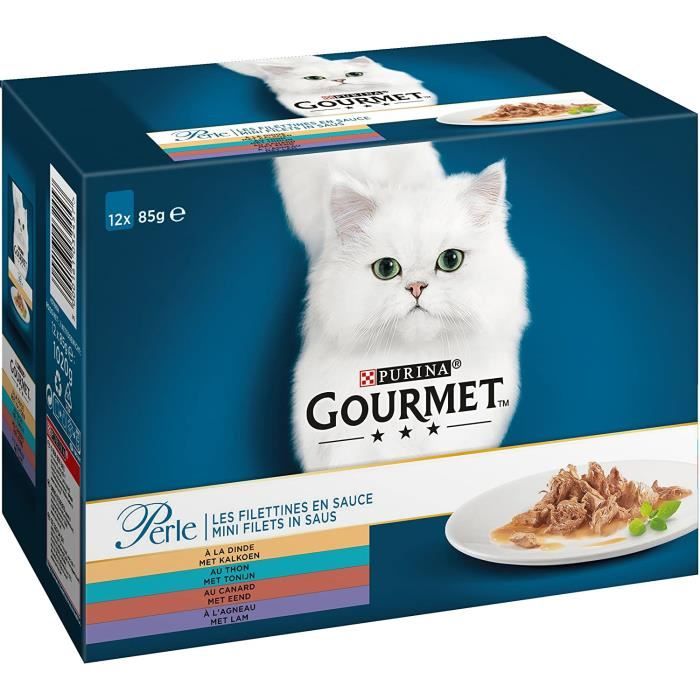 Nourriture pour chats Gourmet Perle Les Filettines en sauce avec Canard, Agneau, Thon et Dinde - 12 x 85 g - Sachets Fr 38227