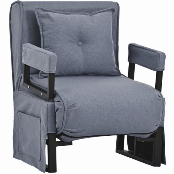 fauteuil chauffeuse canapé-lit convertible 1 place déhoussable grand confort coussin pieds accoudoirs métal suède lin gris clair