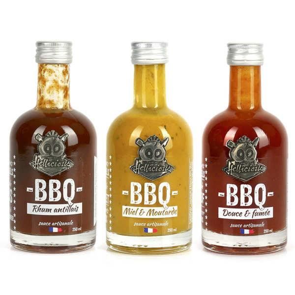 Assortiment de 3 sauces BBQ Hellicious (fumée, miel, rhum) - Lot de 3 bouteilles