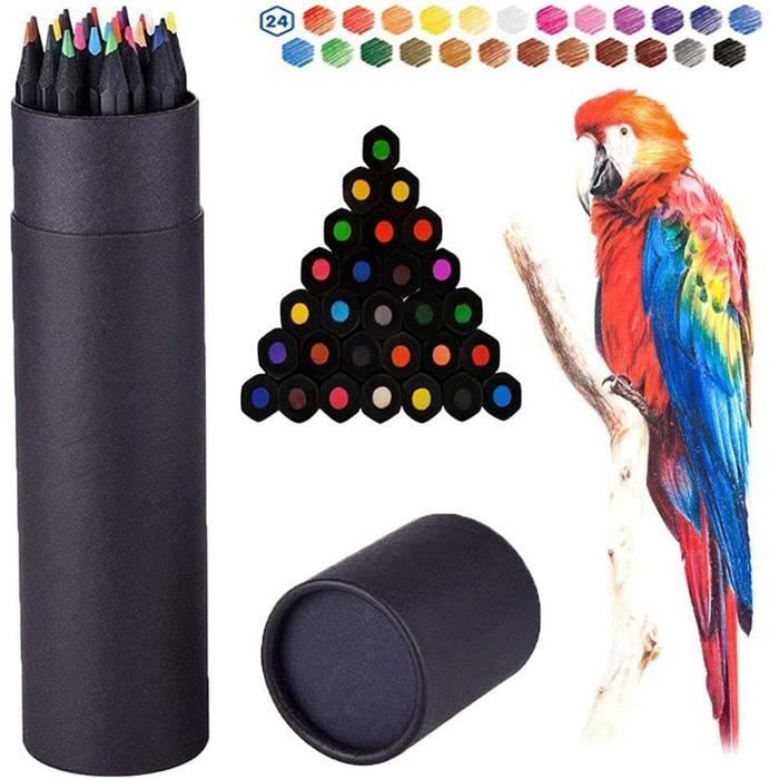 24 Crayons De Couleur à L'Huile – Couleurs Vives, Bois Noir, Pré-taillés – Idéal Adultes & Enfants
