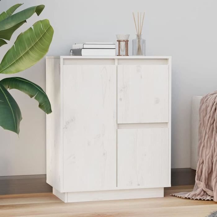 Buffet - Bois Massif de pin - Buffet bas - Blanc - Brillant - Elégance - Chic