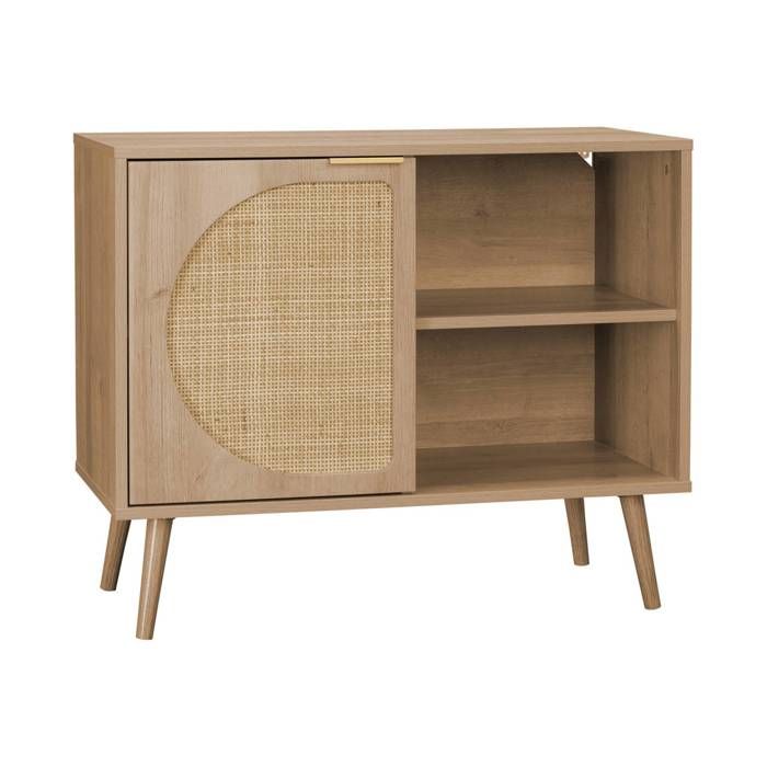 Buffet scandinave décor bois et cannage arrondi 1 porte 80cm EVA