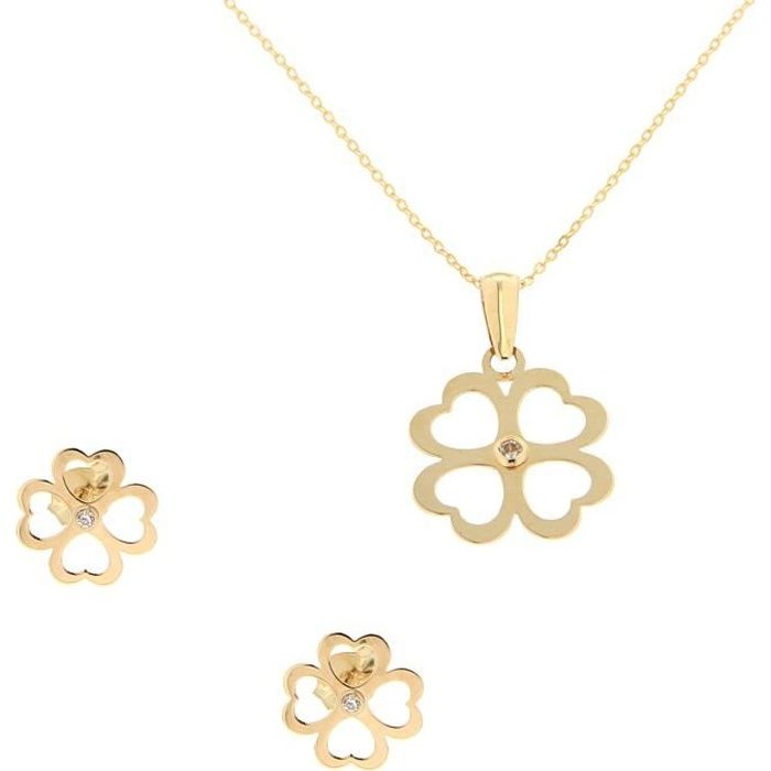Parure Collier Boucles D'Oreilles Trèfle En Or Jaune Carats