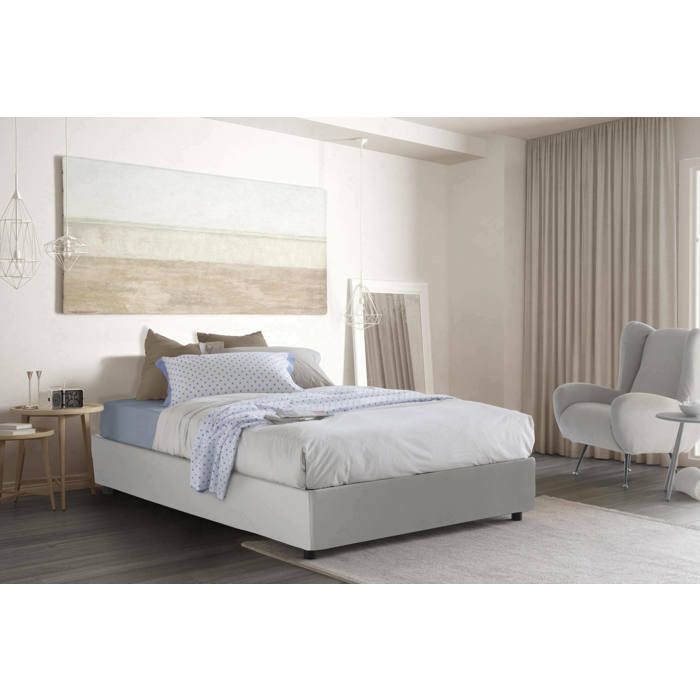 Dmora - Lit français Elena 205x155h32 cm blanc Panneau effet bois et Similcuir