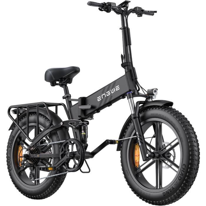 velo electrique pliable ENGWE ENGINE Pro 2.0 Autonomie 110km Batterie 52V16Ah Tout suspendu Pneus snow 20 pouces VTT Fat bike Noir