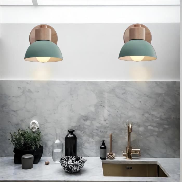MOGOD 2PCS Applique Murale Industrielle Vintage Ø15cm Vert - Rétro E27 Luminaire Lampe Murale Interieur Réglable en Bois et Métal