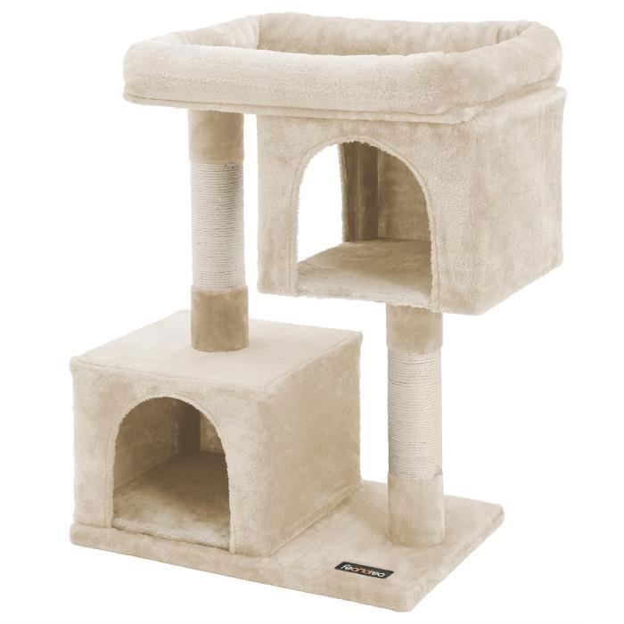 Meilleurs prix pour FEANDREA Arbre à chat 60 x 40 x 84 cm Colonne en sisal pour aiguiser Les Griffes 2 niches Chats et félins Couleur Beige PCT61M