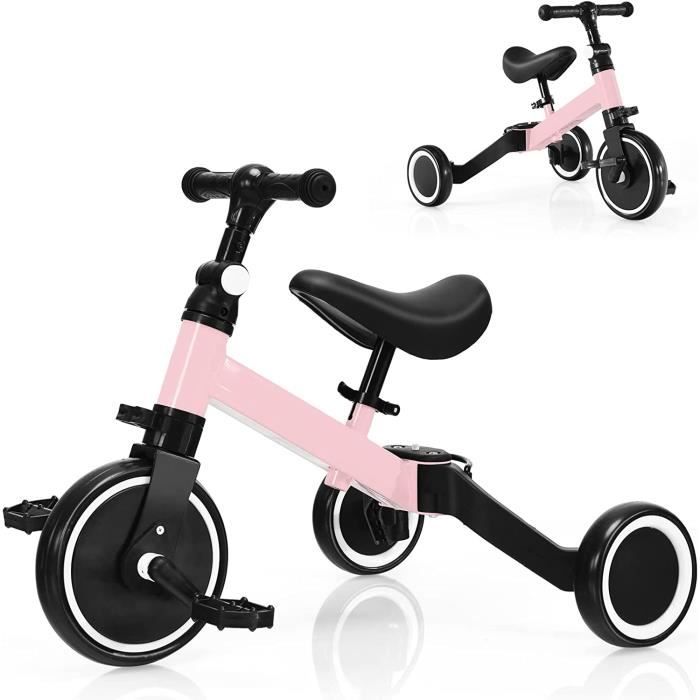 Tricycle Vélo pour Enfants 3 en 1 - GOPLUS - Siège et Guidon Réglables - Roues Antidérapantes - Rose