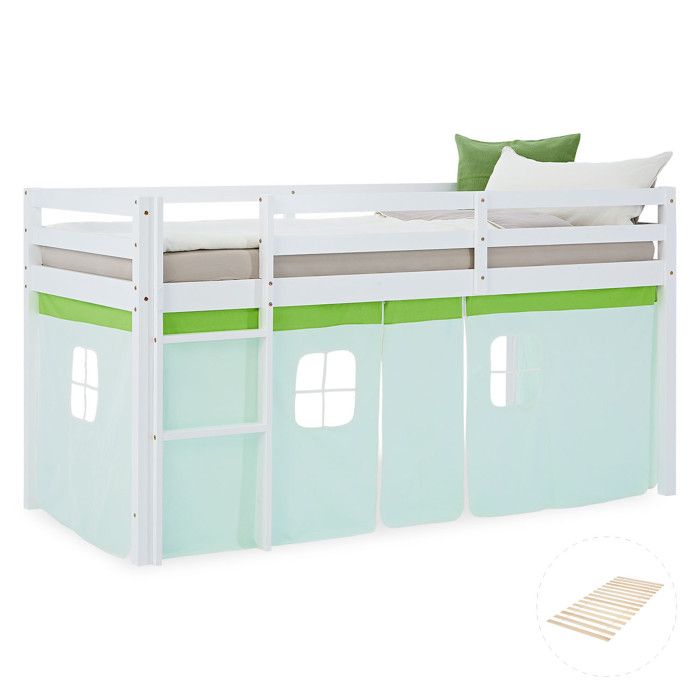Lit mezzanine enfant 90x200 cm Blanc avec rideau Vert avec sommier Lit mezzanine enfant 90x200 cm Blanc avec rideau Vert avec sommier