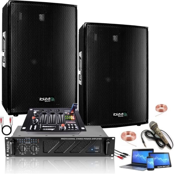Pack Sono 2160W Total Ibiza Sound 2 Enceintes 2x600w - Ampli Ventilé 2x480w - Table de mixage - Câblage - Idéal Bar Salle des fêtes