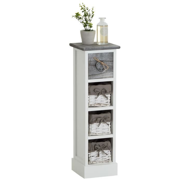 chiffonnier flower petit meuble avec 1 tiroir et 3 paniers étagère en bois de paulownia blanc et gris style shabby chic