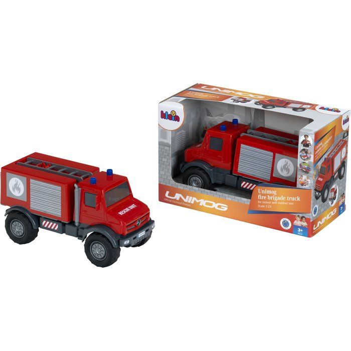 Camion de pompier tout terrain KLEIN 3600 Mercedes Unimog Roues souples et hayon arrière ouvrable Échelle 1:24 Dès