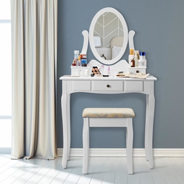 Langria Table De Maquillage 3 Tiroirs Coiffeuse Avec Miroir