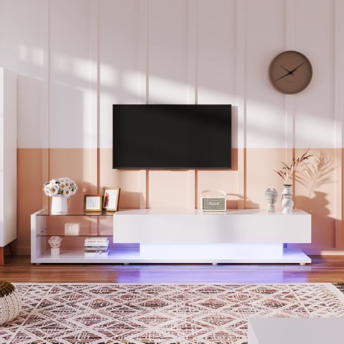Meuble TV LED 170cm - Espace dexposition en verre - 2 tiroirs - Style Contemporain - Blanc & Naturel