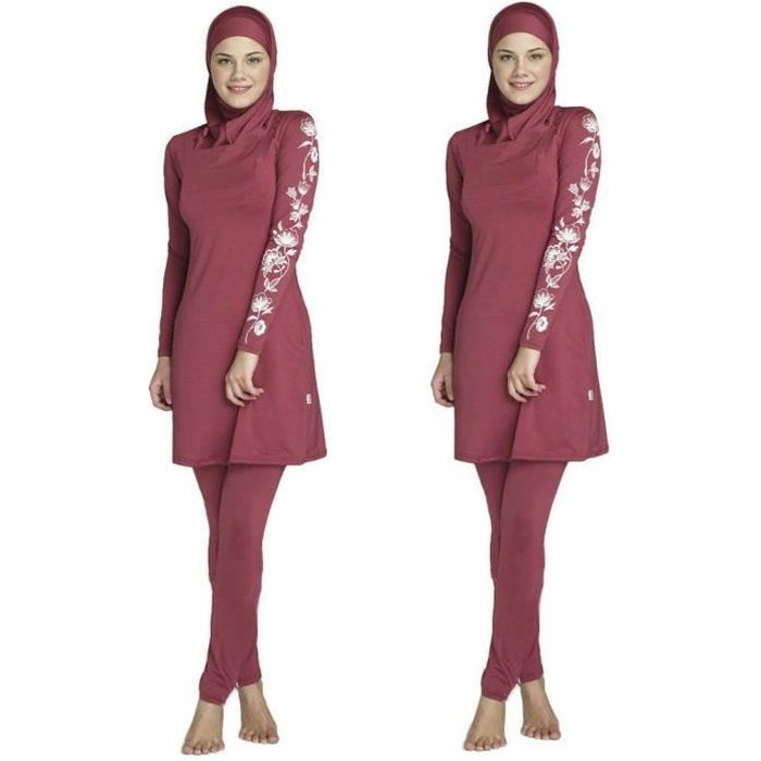 ZEVONDA Musulman 3 Pieces Burkini à Manches Longues Couleur Unie Maillot de Bain Beachwear pour Femmes