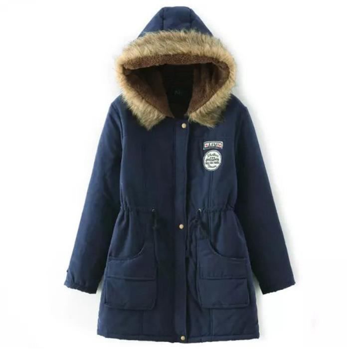 Parka Femme de Marque a large col fourrure Parka a capuche Parka Femme mi longue Bleu marine
